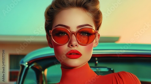 retro chic 1960s fashion collage featuring stylish woman and vintage cars bold colors geometric patterns nostalgic ambiance