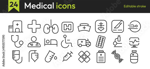 Set Medical and Healthcare web icons in line style. Medicine, RX, doctor, virus, testing, lab, scientific discovery, infographic collection. Vector illustration, set of medical and healthcare icons