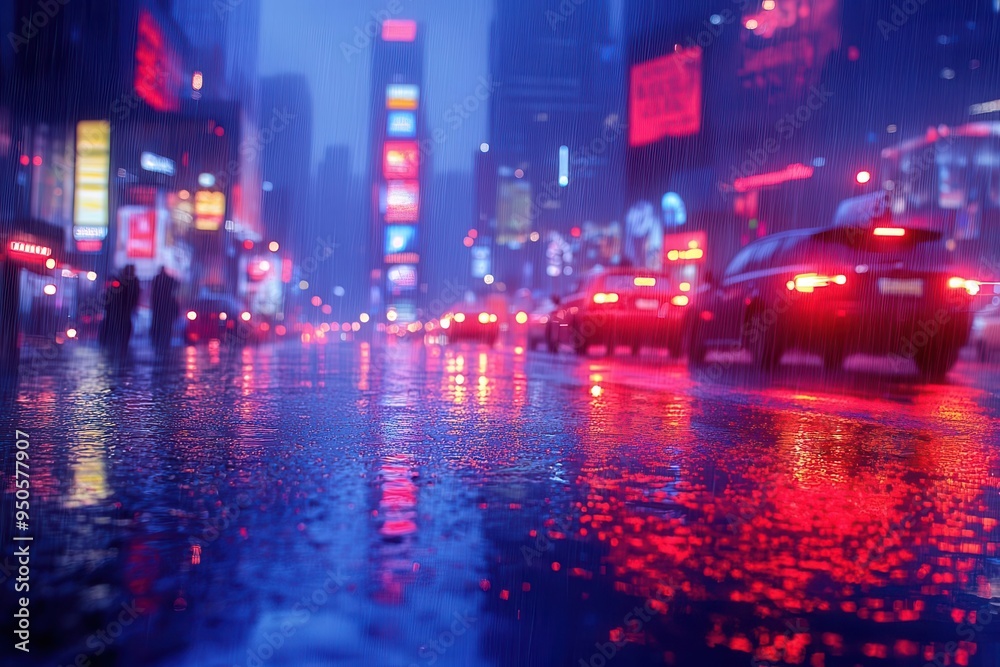 rainy cityscape at night with neon reflections on wet streets featuring blurred headlights of passing cars and illuminated skyscrapers piercing through the misty atmosphere rainy cityscape at night with neon reflections on wet streets featuring blurred headlights of passing cars and illuminated skyscrapers piercing through the misty atmosphere
