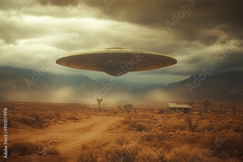 retrofuturistic alien spacecraft hovering over a vast desert landscape bathed in sepia tones evoking a sense of mystery and government conspiracy photo