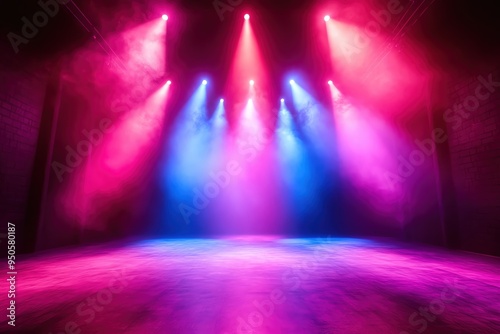 Concert stage with intersecting light beams, vibrant colors, electric atmosphere, high energy ,