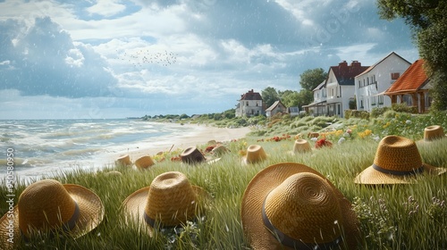 Fototapeta Naklejka Na Ścianę i Meble -  Photorealistic image of the Baltic Sea wide-angle shot of a beach with many wide-brimmed straw hats