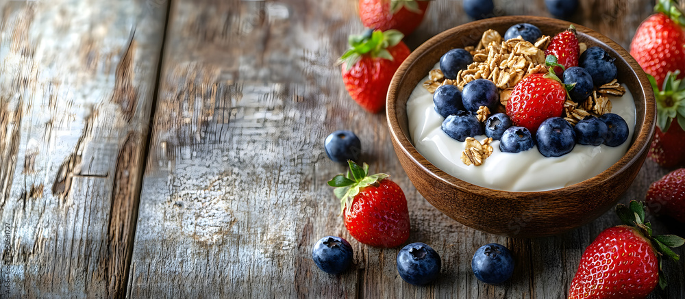A nutritious breakfast featuring granola yogurt blueberries and strawberries in a rustic setting with a wooden backdrop for a copy space image