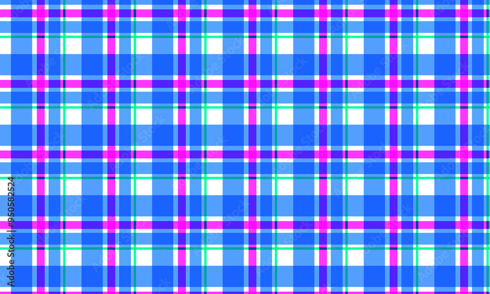 Fototapeta premium Seamless tartan plaid pattern. Checkered fabric texture print in stripes of blue, light blue and pink on dark royal blue background