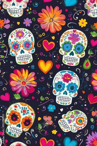 Day of the Dead, greeting banner, Mexican colorful skulls. Mexican, hispanic ceramic pottery Day of the Dead ,Dia de los Muertos, skulls