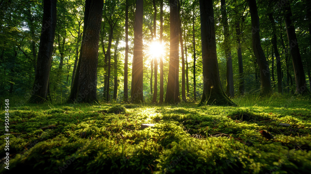 Fototapeta premium A magical forest with sunlight streaming through tall trees, illuminating the lush green moss on the forest floor, creating a dreamlike and serene atmosphere.