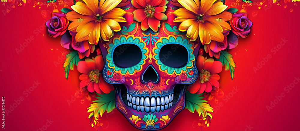 Fototapeta premium Day of the Dead, greeting banner, Mexican colorful skulls. Mexican, hispanic ceramic pottery Day of the Dead ,Dia de los Muertos, skulls
