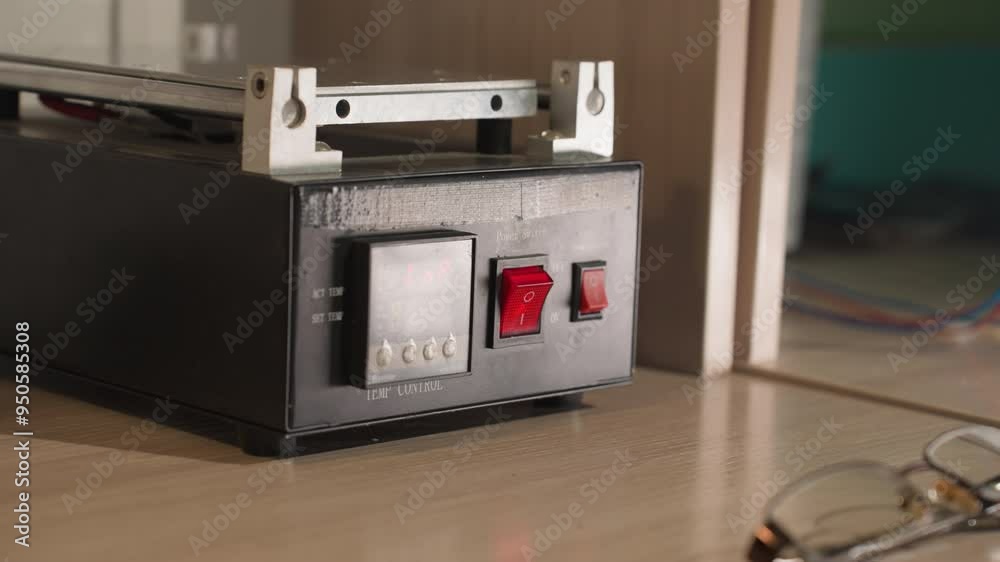 A close-up view of a technician in black gloves pressing a red power switch on a temperature control device A close-up view of a technician in black gloves pressing a red power switch on a temperature control device