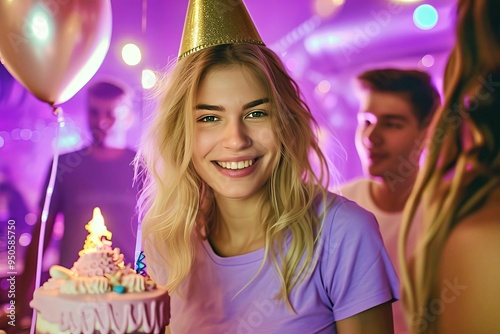 Attractive people at a birthday party in a ballroom, woman wearing purple t-shirt , short pant. smiling in front of a modern cake, wearing a gold party hat, p (6)