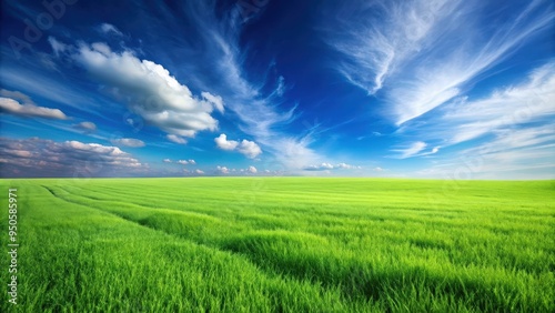 Vibrant green grass field under clear blue sky, grass, green, field, meadow, nature, outdoor, landscape, background, summer