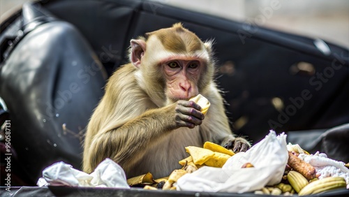  hungry thin dirty monkey in a garbage dump