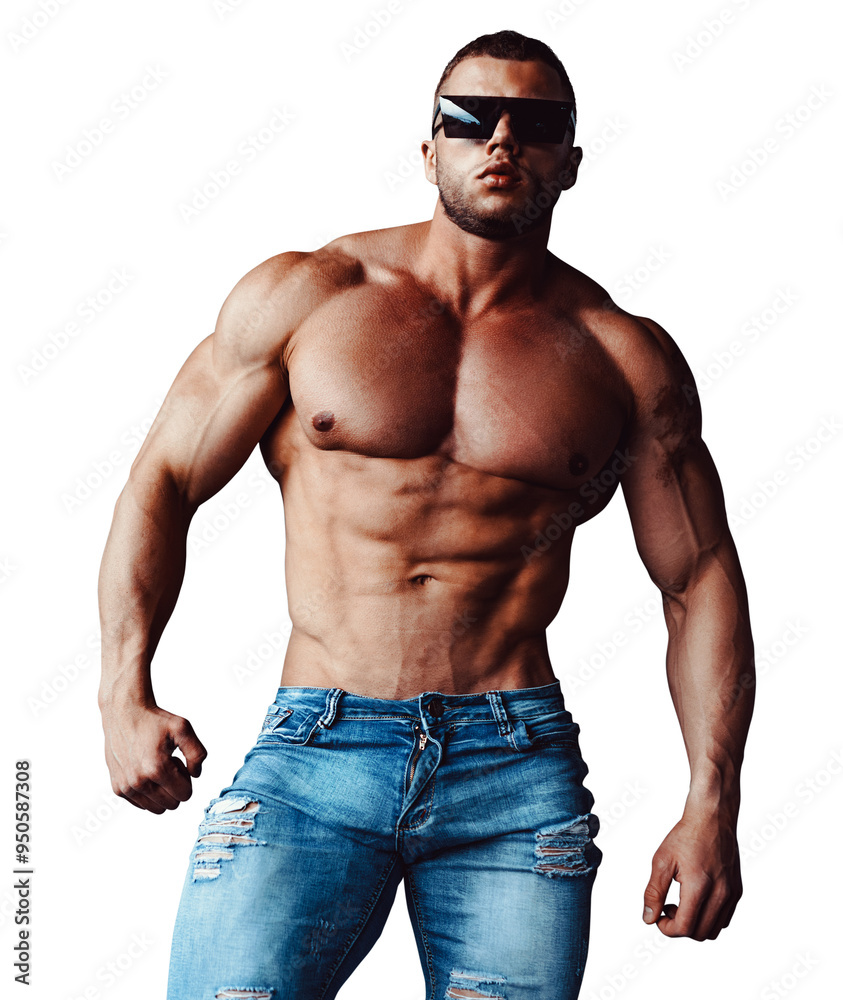 Naklejka premium Strong man bodybuilder in sunglasses posing