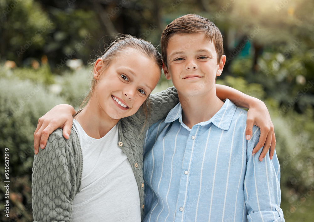Children, hug and portrait with bonding, excited and siblings for playful, fun and joy in garden or backyard. Girl, boy and embrace as family freedom, creativity and positive for happiness in Austria Children, hug and portrait with bonding, excited and siblings for playful, fun and joy in garden or backyard. Girl, boy and embrace as family freedom, creativity and positive for happiness in Austria