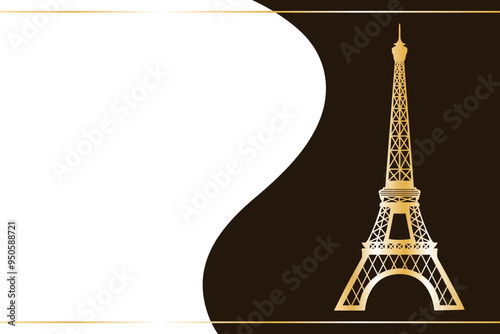 Golden silhouette of the Eiffel Tower on a black and white wavy background. Illustration