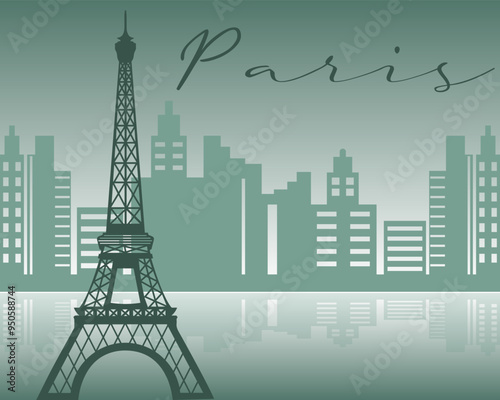 Silhouette of the Eiffel Tower against the backdrop of city architecture and the river. Illustration