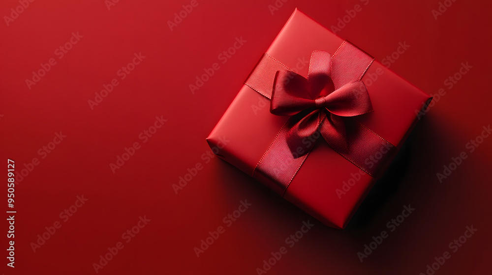 Obraz premium beautiful red square gift box with red bow on side on red background, top view