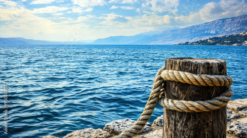 A serene image showcasing a sturdy wooden post tied with thick rope by the seashore, with blue waves washing onto the rocky shore and distant mountains under a partly cloudy sky. photo