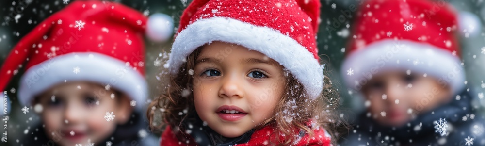 Children wearing red Christmas hats. The scene captures the festive spirit and Merry Christmas and Happy New Year holiday cheer. Children wearing red Christmas hats. The scene captures the festive spirit and Merry Christmas and Happy New Year holiday cheer.