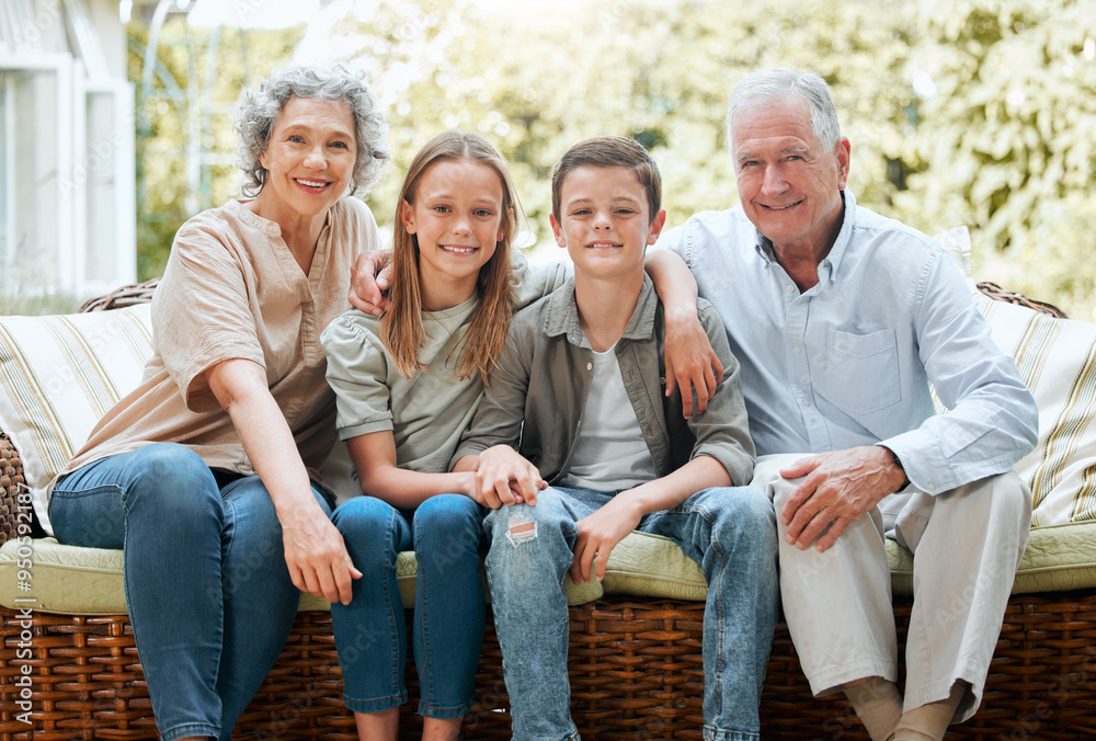 Grandparents, kids and happy in patio on couch at home for bonding, support and care in England. People, family and outside with smile on portrait on visit as babysitter for break, relax and rest
