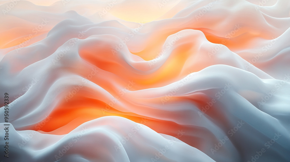 Fototapeta premium Abstract background of white flowing fabric with orange light shining through the folds.