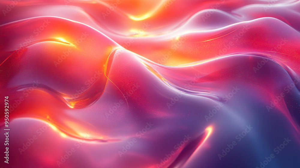 Fototapeta premium Abstract background with a wavy, shiny, and vibrant surface with a gradient of pink, purple, and orange colors.