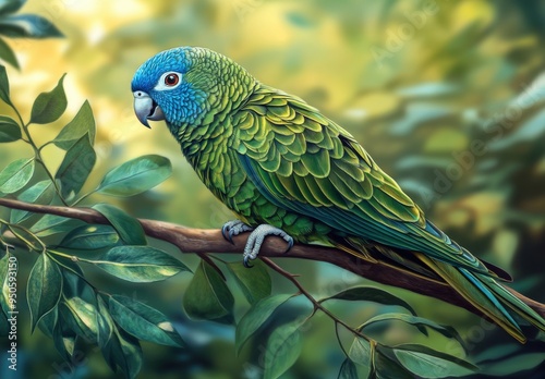 parakeet perched on a branch, its vibrant green feathers