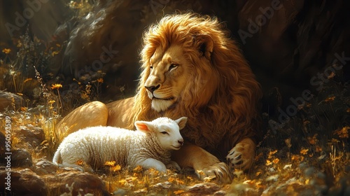 surreal depiction of lion and lamb in peaceful coexistence heavenly landscape soft divine light dreamlike quality biblical symbolism photo