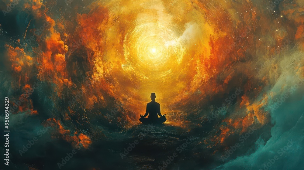surreal digital collage depicting human silhouettes in meditative poses surrounded by swirling energy auras and cosmic imagery surreal digital collage depicting human silhouettes in meditative poses surrounded by swirling energy auras and cosmic imagery