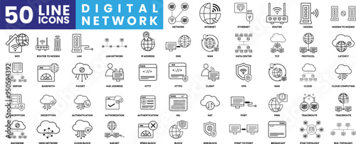 Digital network icon set with internet,ethernet,router,vpn,wan,ip,dns,sever,firewall,modem,wifi,lan,bandwidth with topology