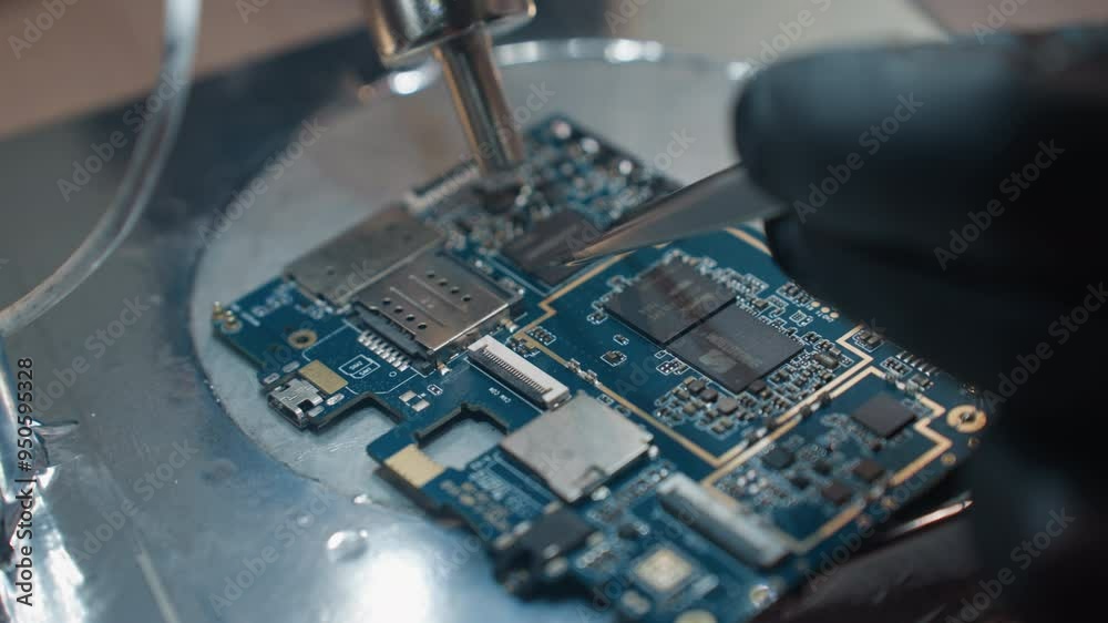 A close-up view of a technician's gloved hands working meticulously on a circuit board with a microscope A close-up view of a technician's gloved hands working meticulously on a circuit board with a microscope