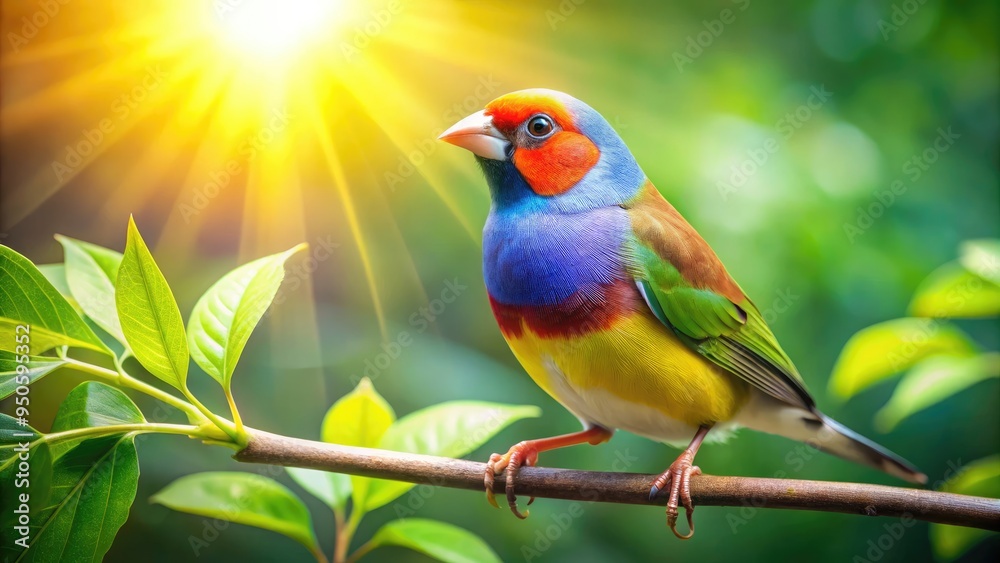 A brightly colored finch perches on a delicate branch, its vibrant plumage glistening in the soft sunlight, surrounded by lush green foliage.