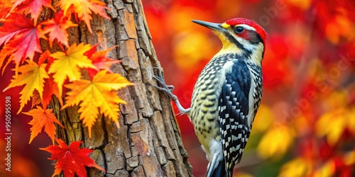 A bright yellow-bellied sapsucker woodpecker clings to a vibrant red maple tree trunk, its black and white feathers contrasting with the autumn colors. photo