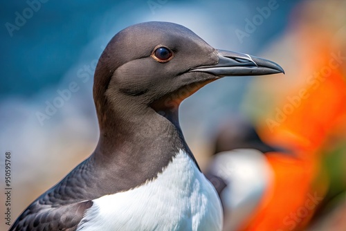 A Close-Up Of A Thick-Billed Murre, A Medium-Sized Seabird With A Black And White Plumage And A Thick, Bright Orange Bill. photo