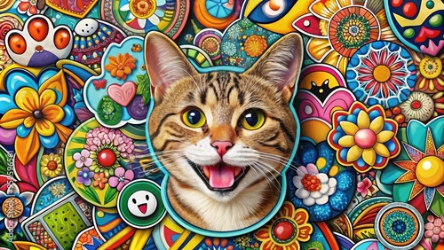 A colorful, whimsical illustration of a smiling cat surrounded by vibrant stickers in various shapes and sizes, adding a playful touch to any design. photo