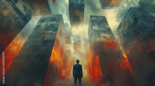 surreal labyrinth with floating geometric shapes man in suit facing impossible maze muted colors dreamlike perspective metaphorical visual