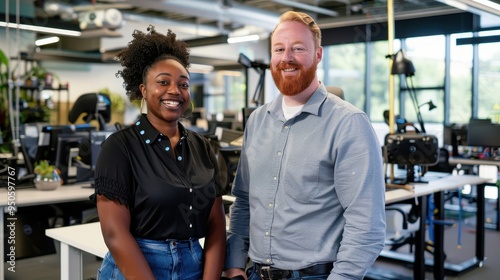 A Caucasian man and an African American woman, early in their careers, standing and smiling in an innovative office space with high-tech gadgets and a VR zone.