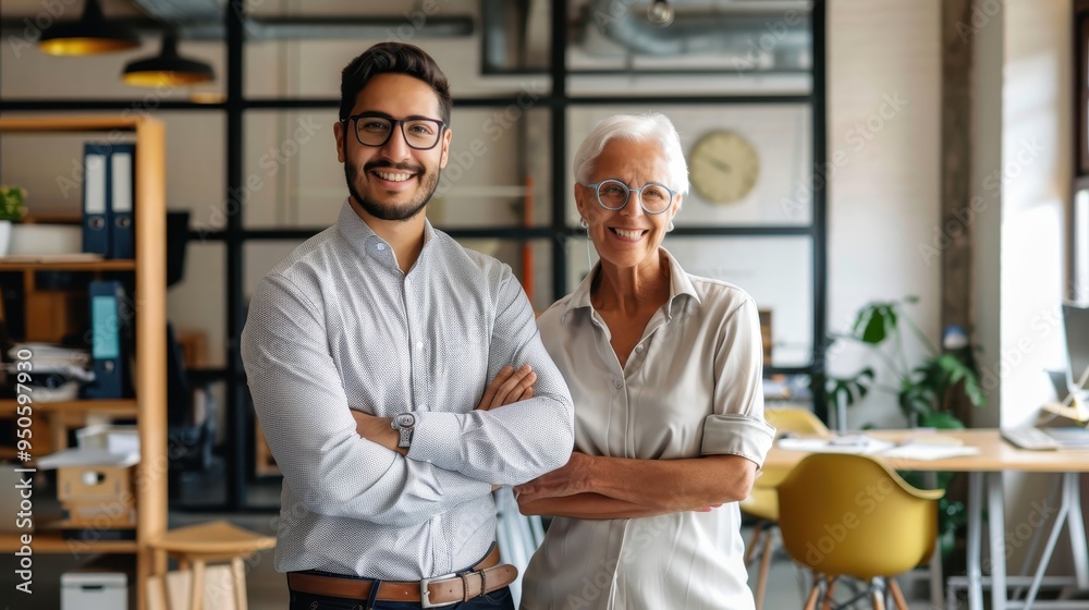 A young Caucasian man and an older Hispanic woman, both business professionals, standing and smiling in a stylish office with ergonomic furniture. A young Caucasian man and an older Hispanic woman, both business professionals, standing and smiling in a stylish office with ergonomic furniture.