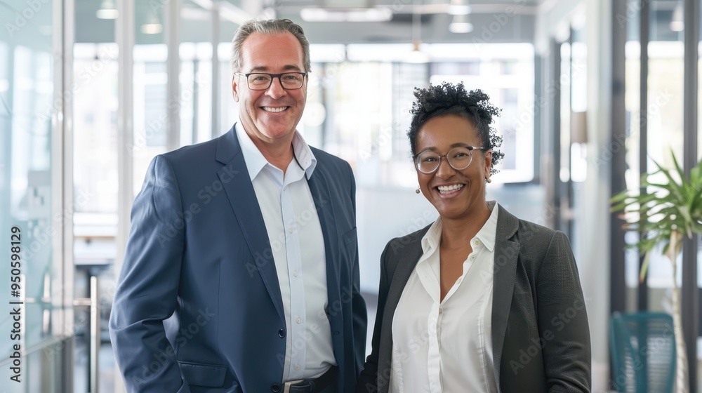 Two middle-aged business people, a Caucasian man and an African American woman, standing and smiling in a sleek, glass-walled office with minimalist decor. Two middle-aged business people, a Caucasian man and an African American woman, standing and smiling in a sleek, glass-walled office with minimalist decor.