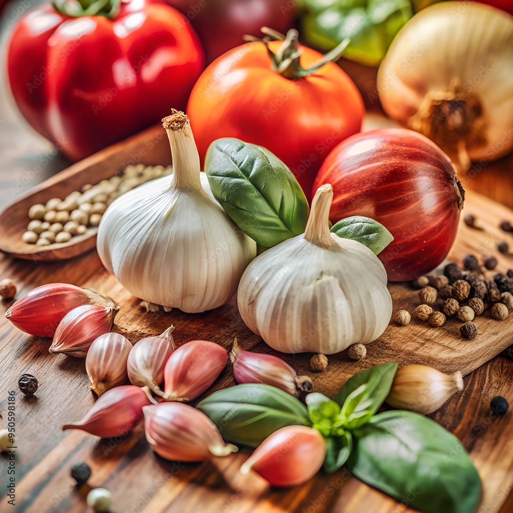 collage, onion, garlic, basil, allspice. collage, onion, garlic, basil, allspice.