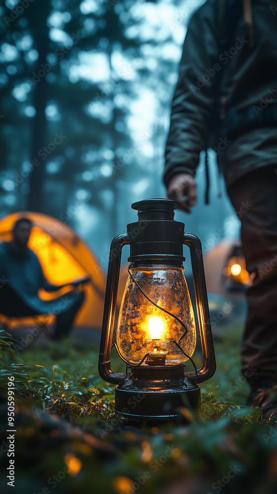 Hiker walks towards a glowing lantern in the dark forest, evoking a cozy and welcoming ambiance Hiker walks towards a glowing lantern in the dark forest, evoking a cozy and welcoming ambiance