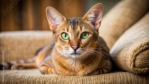 Adorable domesticated Chausie cat with striking brown-ticked coat and piercing green eyes lounges on a cozy couch, exuding relaxation and contentment. photo