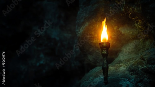 A single torch burns brightly in a dark cave, casting a warm glow on the rough stone walls.