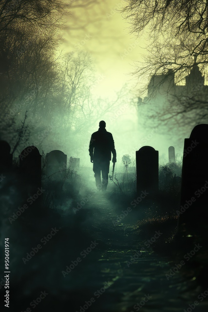 Eerie Silhouette in the Foggy Graveyard Eerie Silhouette in the Foggy Graveyard