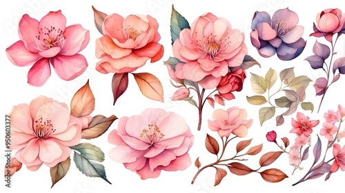 Set of lovely blossom ,Watercolor assortment of hand drawn blossoms , Organic plant representation straightforward foundation,