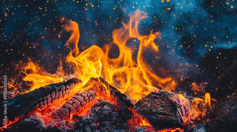 A blazing campfire under a starry night sky. The flames dance and flicker, casting a warm glow on the surrounding darkness. A blazing campfire under a starry night sky. The flames dance and flicker, casting a warm glow on the surrounding darkness.