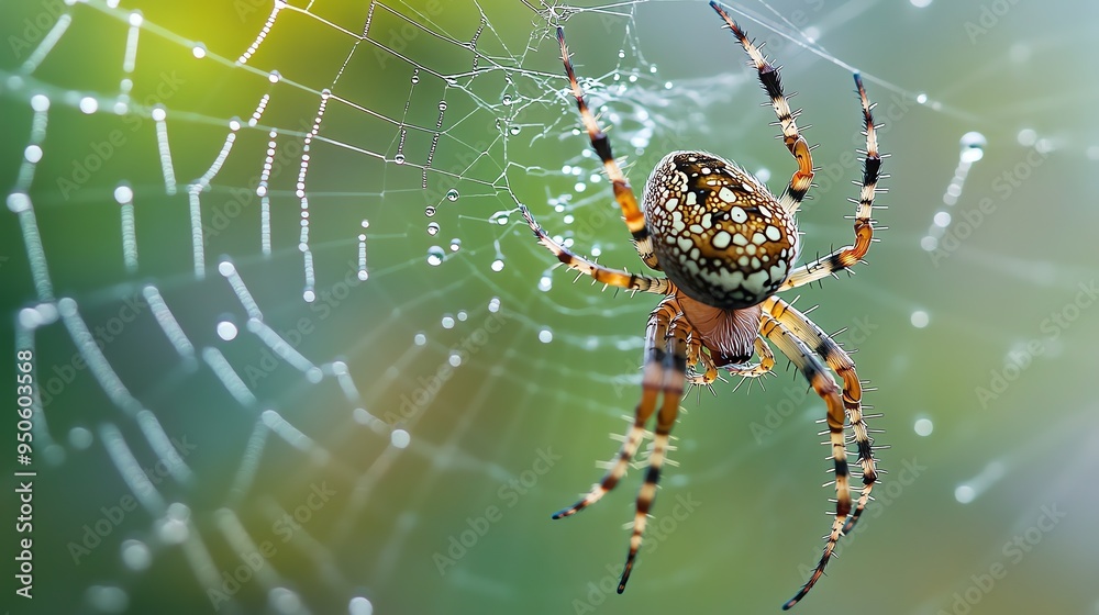 A macro shot of a spider hanging on its web, with dew drops glistening on the delicate threads.