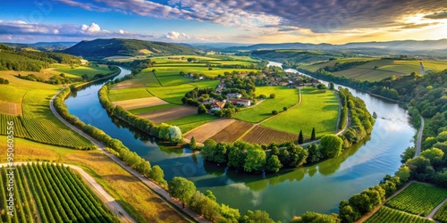 Aerial Perspective Of A Rural Landscape In Southern France, Featuring Vineyards, Rolling Hills, And A Winding River. photo