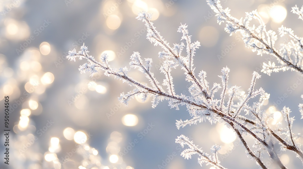 A delicate branch covered in frost sparkles in the soft light of a winter sun. A delicate branch covered in frost sparkles in the soft light of a winter sun.