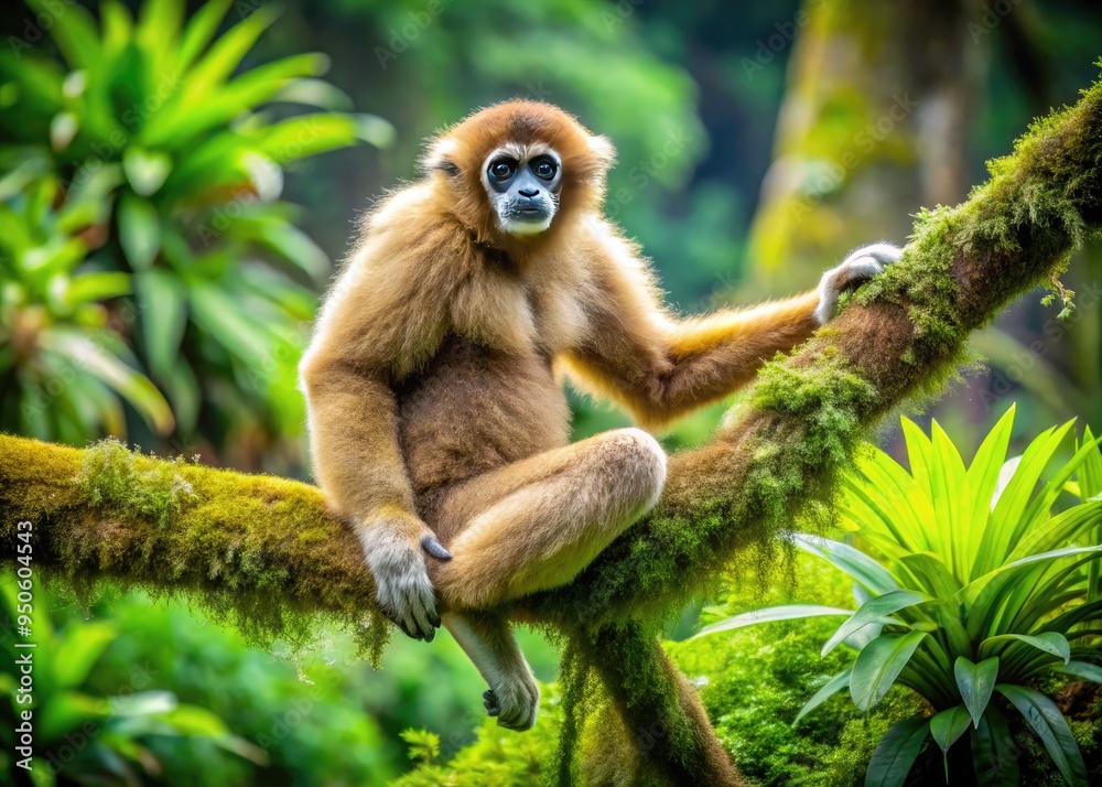 Naklejka premium Agile and expressive, a solo gibbon perches on a moss-covered tree branch, showcasing its slender body and long arms in a lush, vibrant jungle setting.