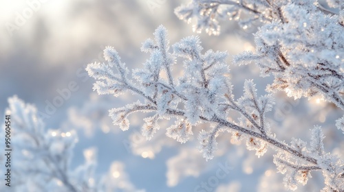 A delicate branch covered in frost sparkles in the soft light of a winter sunrise.